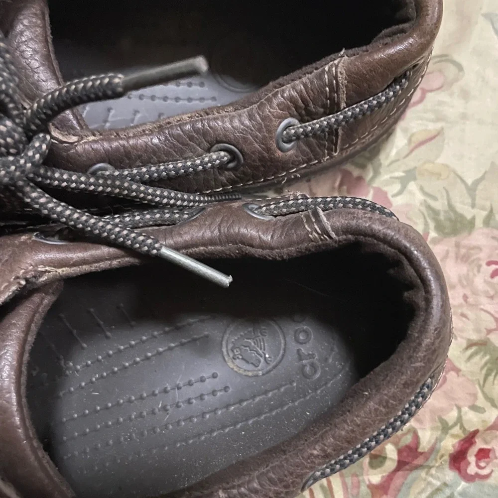 Crocs Mens Boat Shoe Clog Hybrid Dark Brown Leather Lace Up‎ Size 10